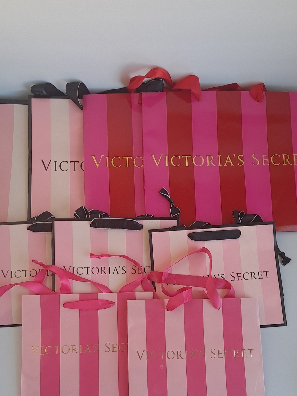 9 X Victoria's Secret Pink & Hot Pink Striped Shopper Bags